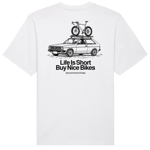 Oversized Cycling T-Shirt Weiß, Rückenansicht mit "Life Is Short Buy Nice Bikes" Print