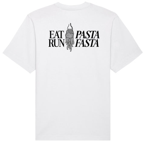 Oversized Running T-Shirt Weiß, Rückenansicht mit "Eat Pasta Run Fasta" Print