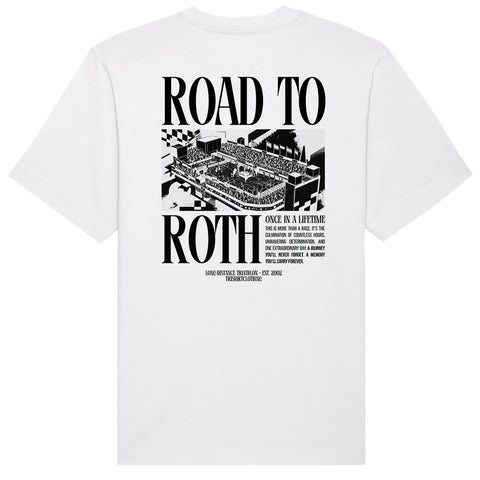 Oversized Triathlon T-Shirt Weiß, Rückenansicht mit "Road To Roth" Print