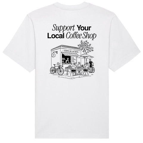 Oversized Coffee T-Shirt Weiß, Rückenansicht mit "Support Your Local Coffee Shop" Print
