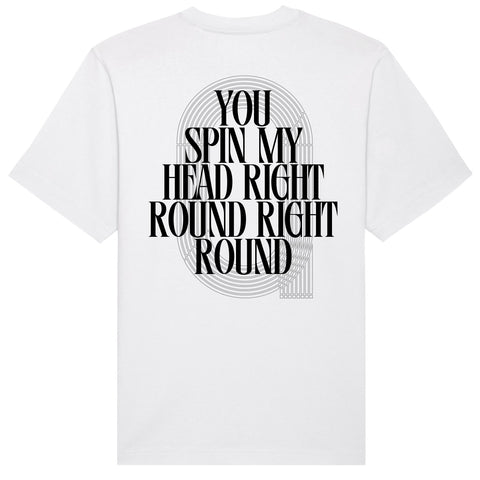 Oversized Running T-Shirt Weiß, Rückenansicht mit "You Spin My Head" Print